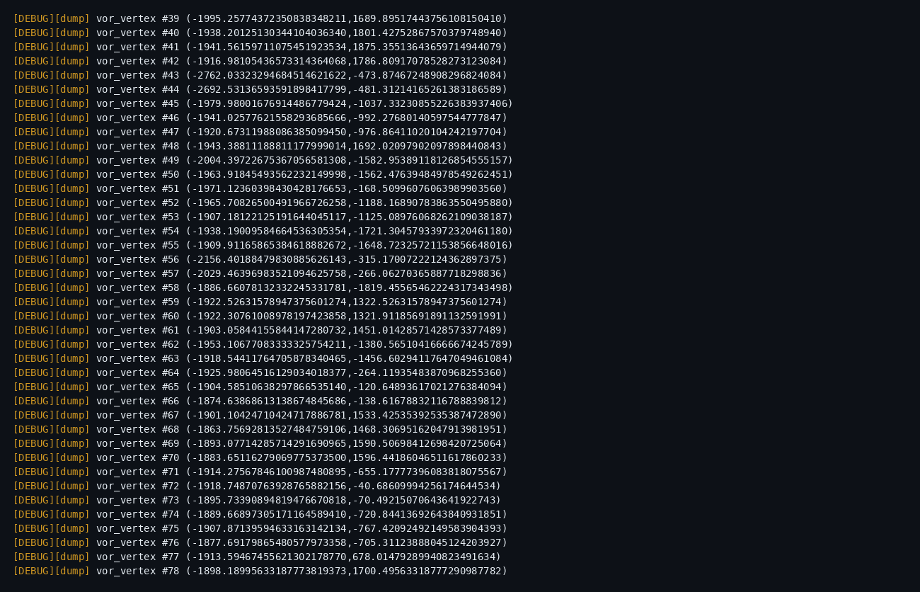 Debug dump mid-scroll: dozens of Voronoi vertices, each printed as a 20-digit coordinate pair, scrolling past.