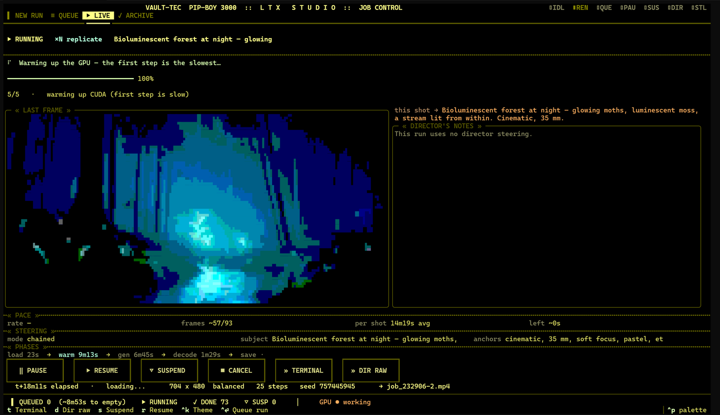 LIVE view mid-render: last-frame preview of a bioluminescent forest, phase timings, and job controls