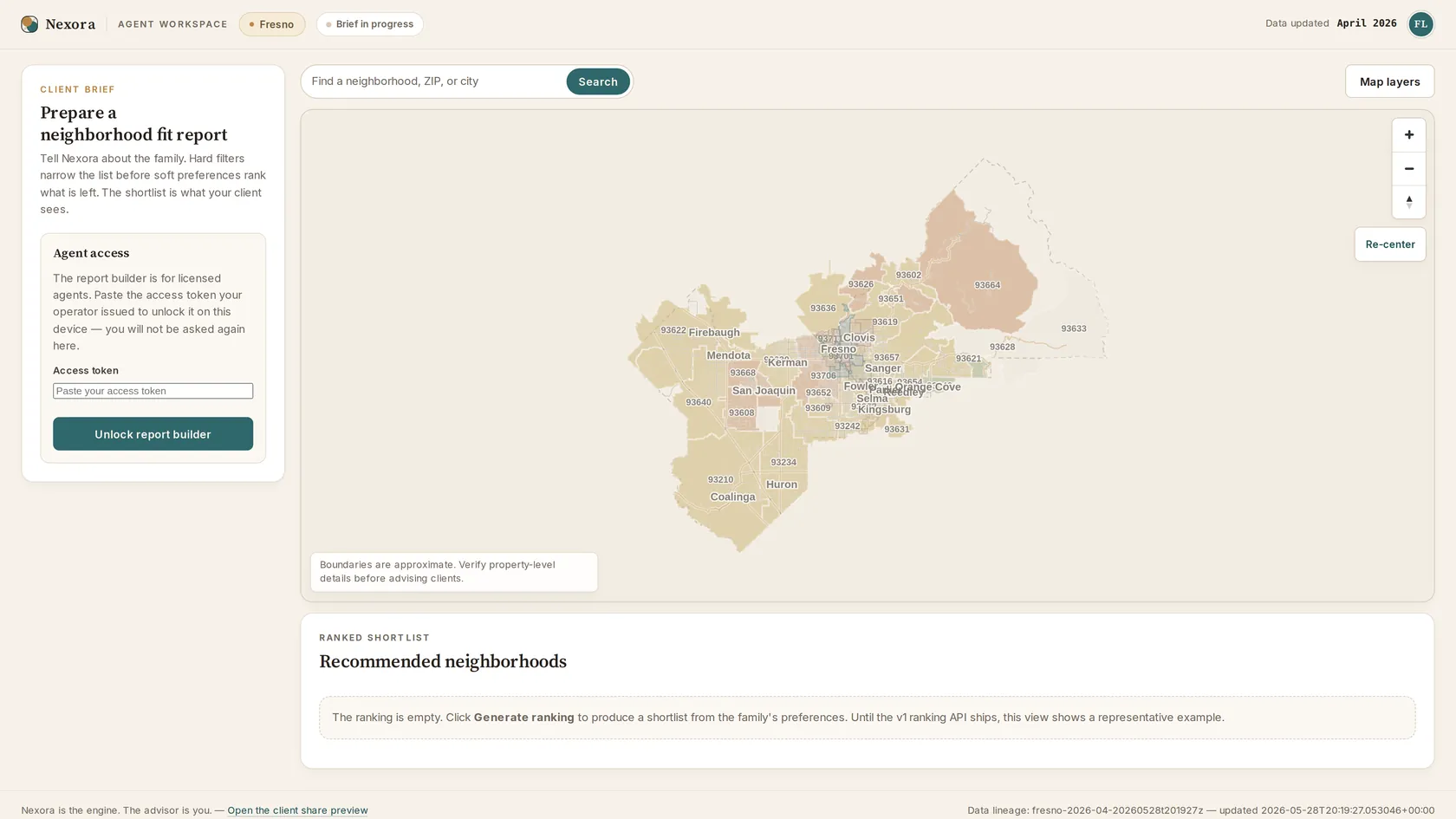 Nexora agent workspace: Fresno County choropleth map with ZIP boundaries, a client-brief panel, and an agent access gate