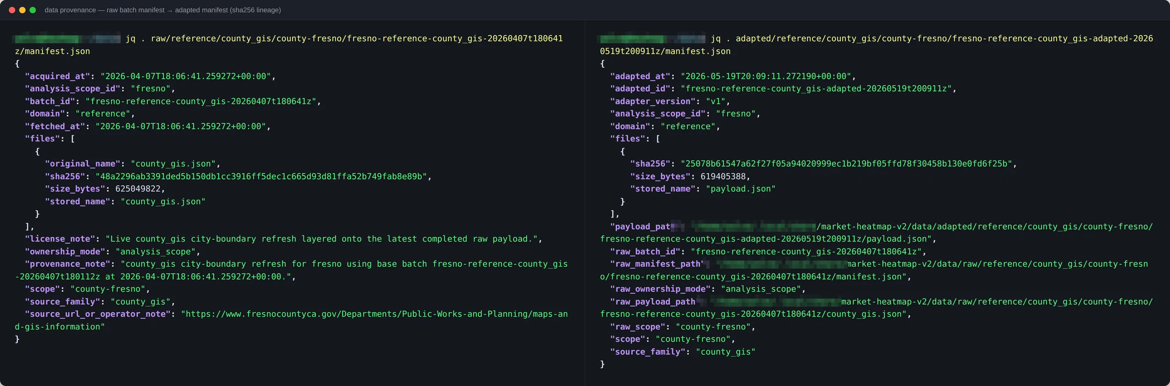 Two terminal panes comparing a raw batch manifest and its adapted manifest: acquisition timestamps, SHA-256 fingerprints, source URL, adapter version, and back-references from adapted to raw