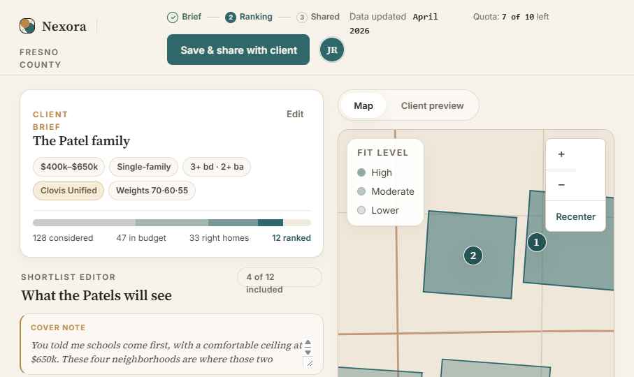 Redesigned agent workspace: client brief chips, shortlist editor, live map