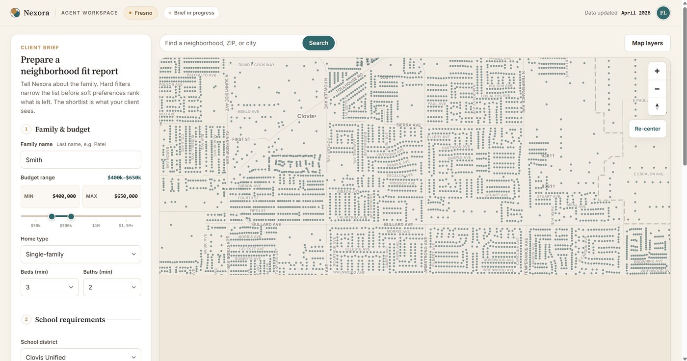 The same map zoomed to Clovis street level, each dot a parcel on a named street.
