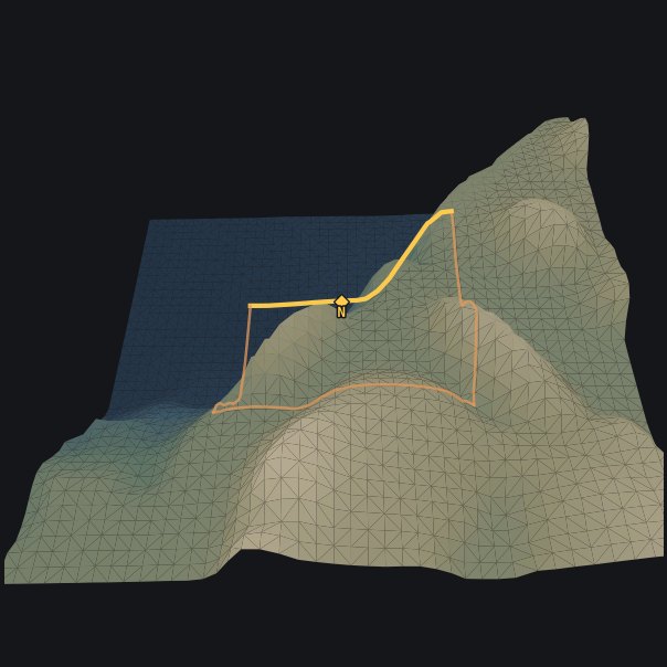 Zoomed far out and map-aligned with plate 01: the site boundary, badge on its marked edge, small within the surrounding terrain.