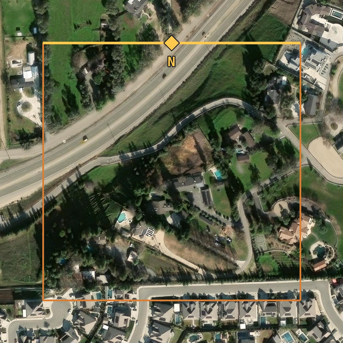 Plain satellite view of the bluff above the San Joaquin, the kind of map view you would pull up before siting houses.