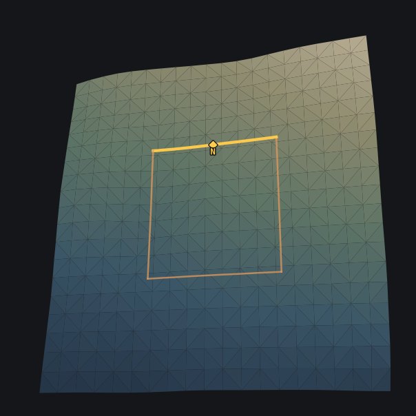 Zoomed far out and map-aligned with plate 01: the site boundary, badge on its marked edge, small within the surrounding terrain.