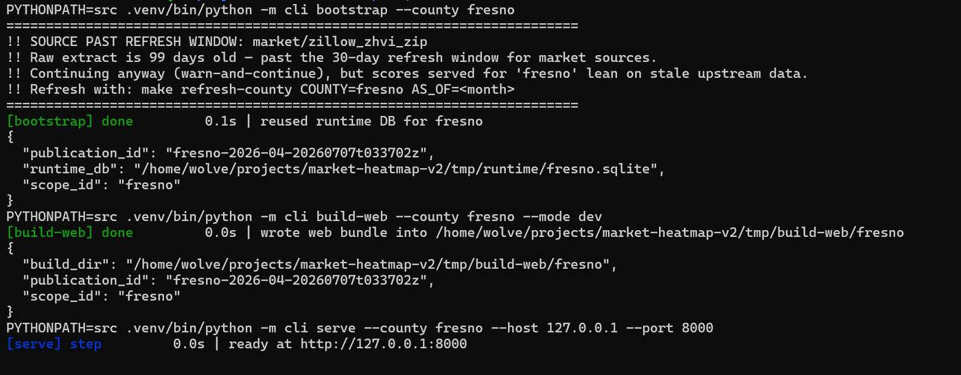 Terminal run of the real pipeline: bootstrap, build-web, and serve steps with timings, plus a stale-data warning banner.