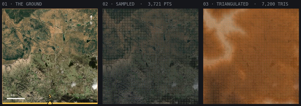 Build maps of the site: the satellite with the study boundary, its marked edge badged with its cardinal letter, the sampled points, and the mesh.