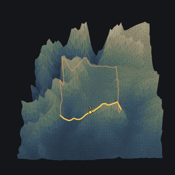 Zoomed far out and map-aligned with plate 01: the site boundary, badge on its marked edge, small within the surrounding terrain.