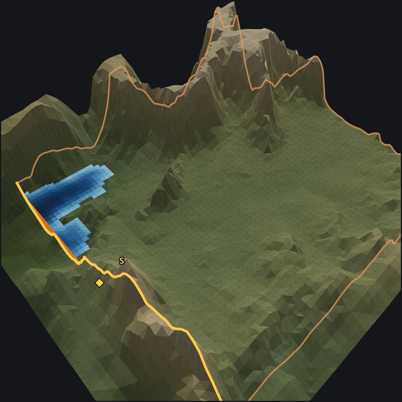 The canyon at full pool from the air: the impounded reservoir shaded by depth (dark where deepest) behind the orange dam wall at the south outlet, the study boundary marked in copper with its south edge in gold.